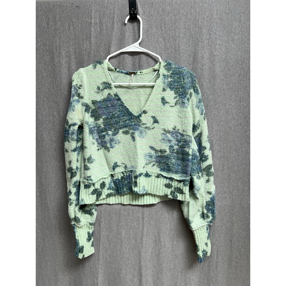 Free People Bed Of Roses Sweater Sz XS V Neck Green Blue Floral